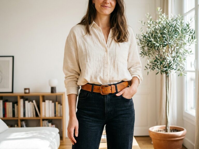 Femme portant une ceinture en cuir caramel sur une tenue casual en lin et jean, dans un appartement parisien épuré