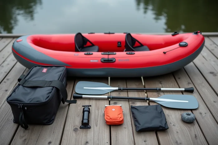 Kayak gonflable Sevylor Tahiti Plus dégonflé avec ses accessoires incluant pagaies, pompe et sac de transport disposés sur un ponton en bois