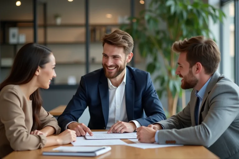 Agent immobilier souriant avec un couple dans un bureau moderne