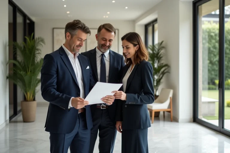 Agent immobilier en costume avec couple dans un salon élégant