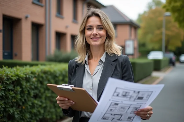 Agente immobilière professionnelle tenant des plans de maison devant une propriété résidentielle moderne à vendre
