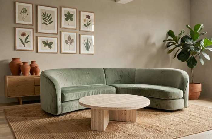 Salon moderne décoré avec canapé en velours vert sauge, table basse en travertin et plantes d'intérieur tendance pour une ambiance cosy et contemporaine