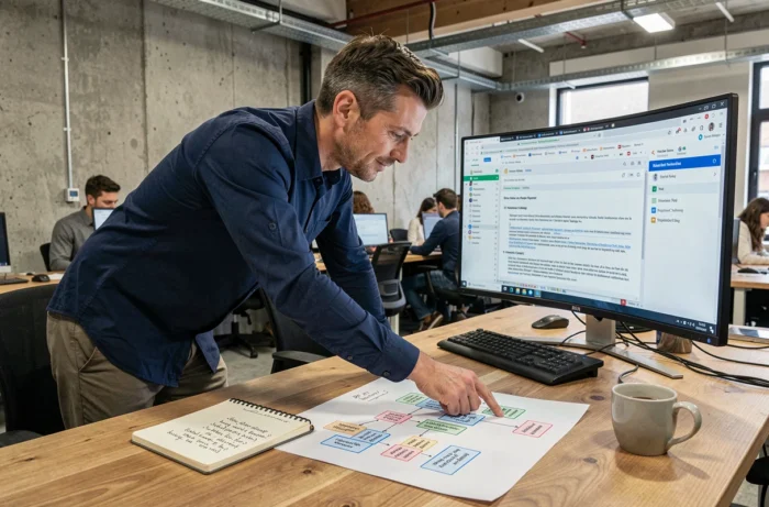 Homme analysant la structure de navigation d'un blog technologique sur un moniteur ultrawide en open space