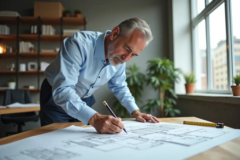 Architecte annotant un plan de surface habitable sur une table à dessin dans un studio moderne