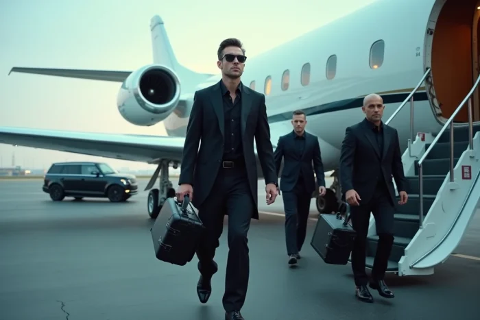 Artiste célèbre arrivant en jet privé pour un événement accompagné de son équipe de sécurité