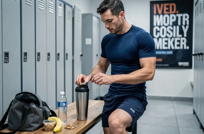 Sportif préparant sa boisson protéinée dans un vestiaire de salle de sport pour la récupération musculaire après l'entraînement