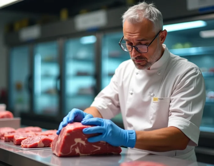 Boucher en tablier blanc examinant une étiquette de traçabilité sur une pièce de viande dans un laboratoire de découpe de supermarché