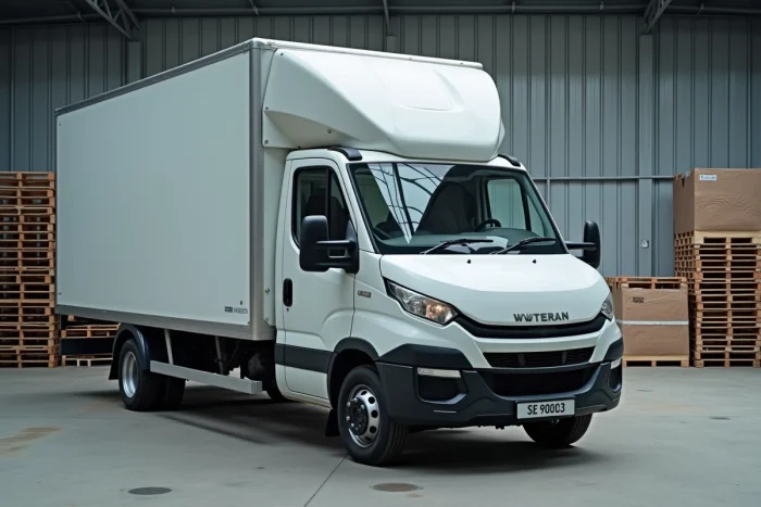 Camion de 3,5 tonnes blanc garé dans un entrepôt logistique urbain, vue en trois quarts avant avec la porte du conducteur ouverte