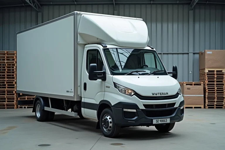 Camion de 3,5 tonnes blanc garé dans un entrepôt logistique urbain, vue en trois quarts avant avec la porte du conducteur ouverte