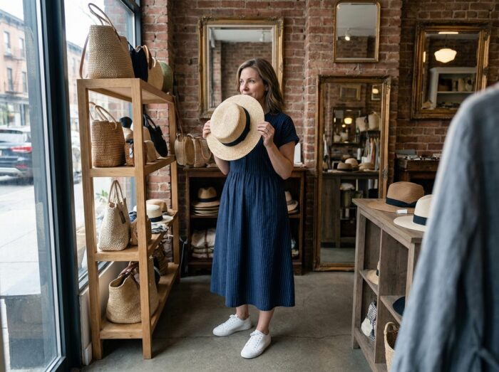 Femme essayant un chapeau en paille dans une boutique d'accessoires avec décoration en brique apparente