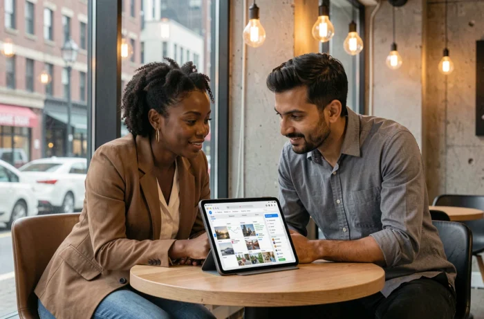 Deux entrepreneurs collaborant sur une stratégie de marketing digital dans un café urbain contemporain