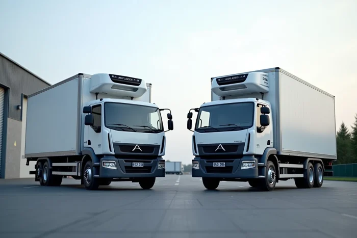 Comparaison de deux camions 3,5 tonnes côte à côte sur un parking logistique, modèle frigorifique et plateau à plat