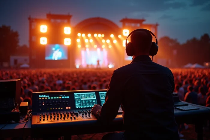 Ingénieur du son supervisant le concert d'un artiste célèbre devant une foule nombreuse lors d'un grand événement