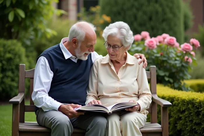 Couple âgé regardant un album de mariage dans un jardin fleuri pour un témoignage vidéo de mariage émouvant