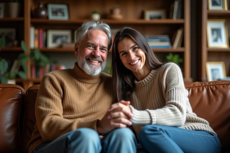Couple souriant dans un salon cosy avec livres