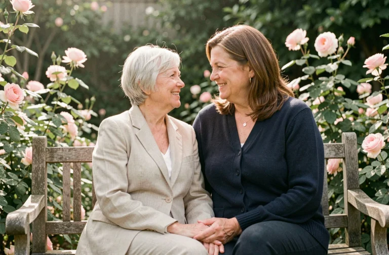 Deux femmes âgées souriantes et complices assises ensemble dans un jardin fleuri, évoquant une relation amoureuse discrète et tendre