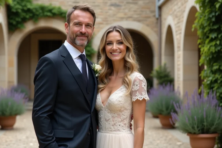 Couple élégant célébrant un mariage discret dans une cour en pierre typiquement française