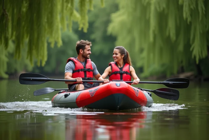 Couple de débutants pagayant sur une rivière calme dans un kayak gonflable biplace Sevylor Tahiti Plus avec gilets de sauvetage