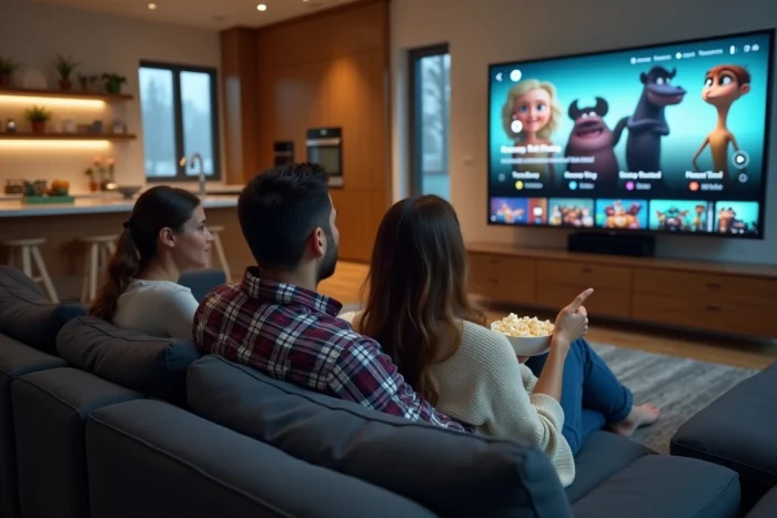 Couple cherchant un film d'animation en streaming sur leur télévision connectée