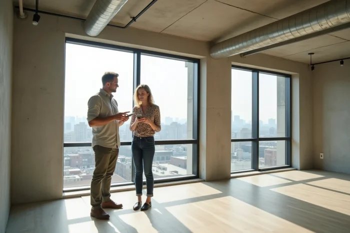 Couple visitant un appartement moderne en ville lors d'une visite immobilière dans un loft avec vue urbaine