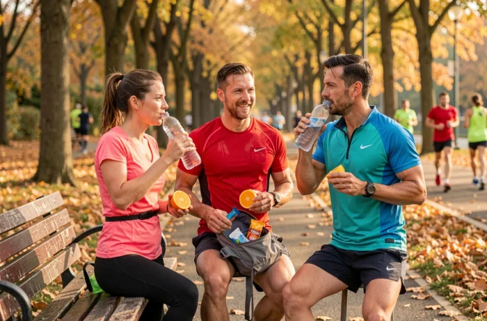 Groupe de coureurs faisant une pause nutrition avec des oranges et des barres énergétiques sur un sentier de course en automne