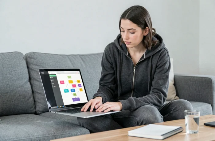 Jeune femme travaillant sur un outil de plan de site visuel pour blog technologique sur son canapé