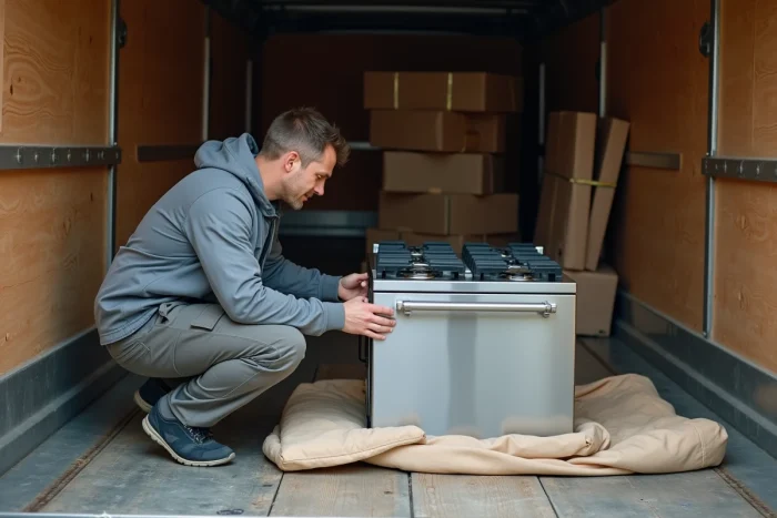 Déménageur inspectant une cuisinière électrique posée à plat sur des couvertures de déménagement dans un camion