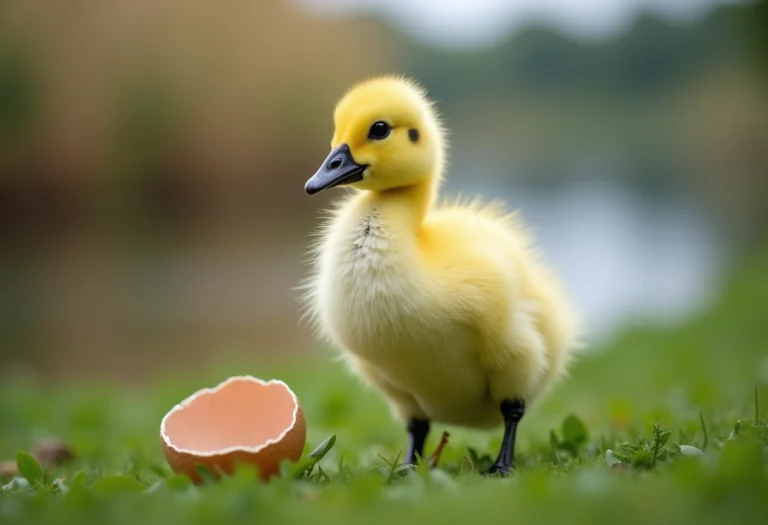 Jeune cygne jaune avec coquille d'œuf cassée dans un pré au bord de l'eau