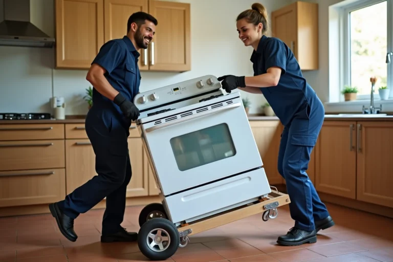 Deux déménageurs professionnels inclinant une cuisinière électrique blanche sur un diable de déménagement dans une cuisine résidentielle