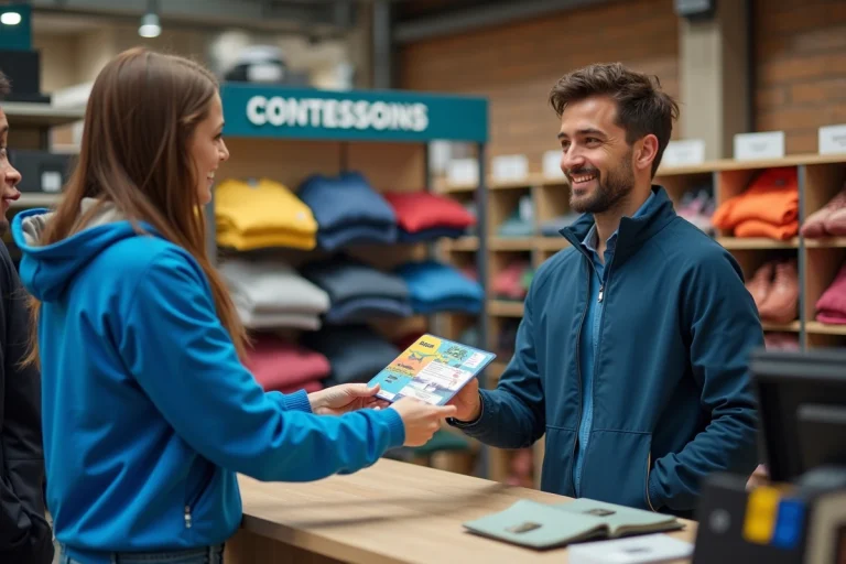 Jeune femme donnant un bon cadeau ANCV à un caissier souriant