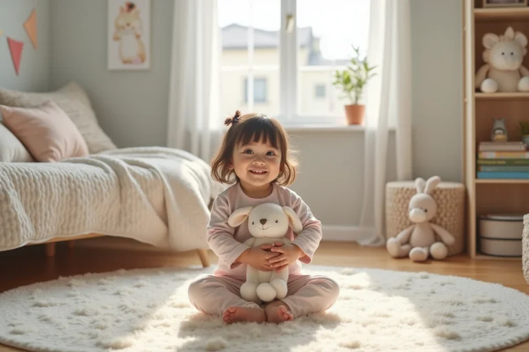 Petite fille en pyjamas pastel souriante dans sa chambre douce