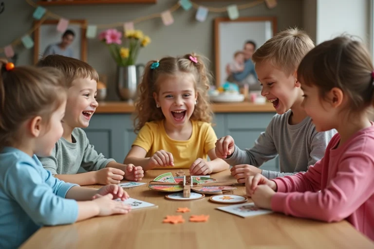 Enfants jouant à un jeu de société dans une cuisine chaleureuse
