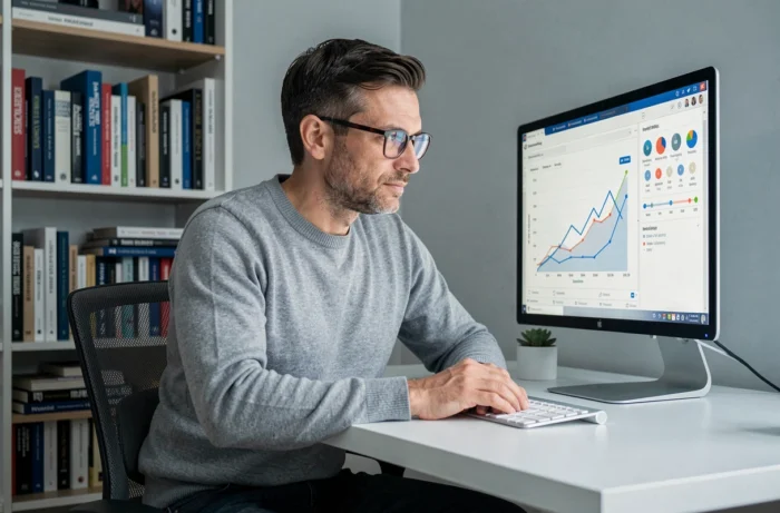 Entrepreneur analysant des métriques de campagne marketing digital sur un ordinateur depuis son bureau à domicile