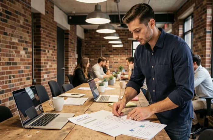 Jeune entrepreneur masculin analysant son plan de développement commercial dans un espace de coworking moderne