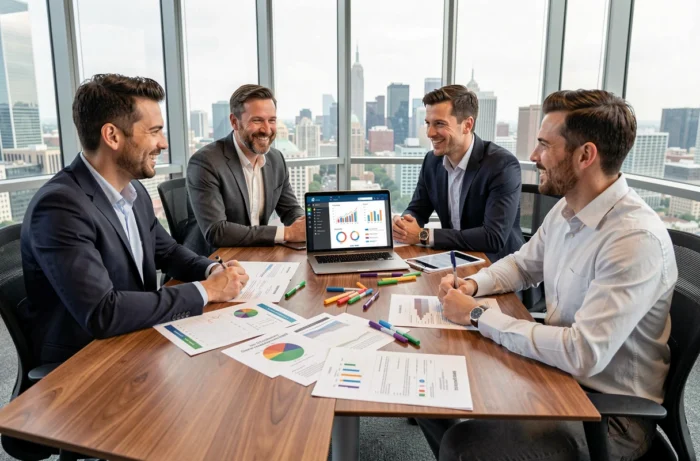 Équipe marketing diversifiée collaborant autour de rapports d'analyse de croissance en salle de réunion