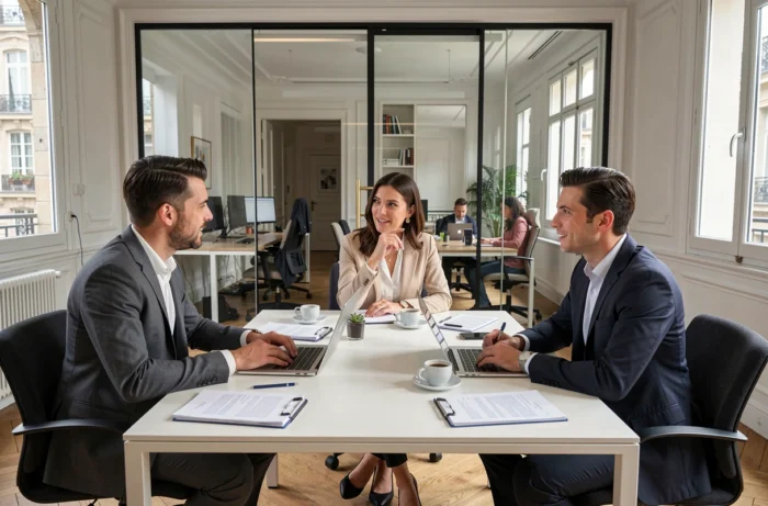 Équipe de professionnels parisiens en réunion dans un bureau de startup moderne alliant architecture haussmannienne et design contemporain