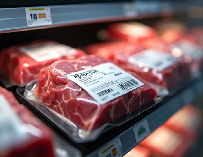 Gros plan sur une étiquette de traçabilité et de provenance sur un emballage de viande bovine en rayon Lidl