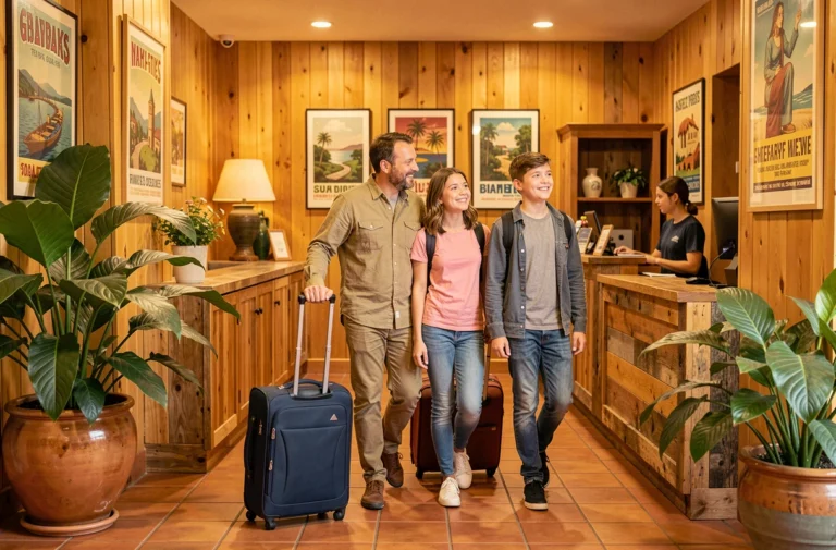 Famille avec deux adolescents arrivant dans le hall d'un hôtel boutique tropical avec des valises et un accueil chaleureux