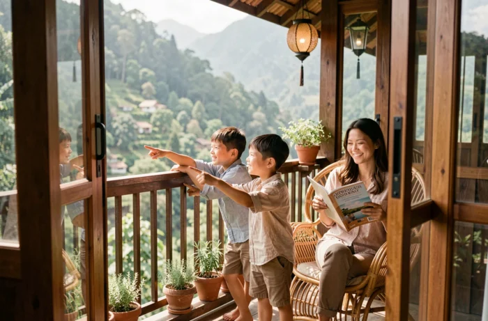 Mère et ses deux fils sur le balcon en bois d'un gîte traditionnel avec vue sur une vallée montagneuse en Asie du Sud-Est