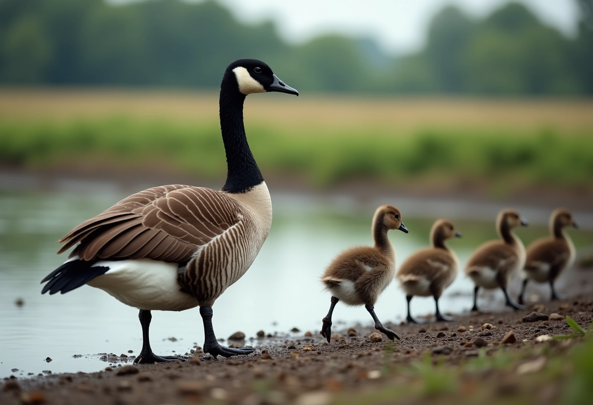 Oie adulte guidant ses jeunes au bord d’un étang rural