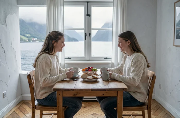 Père et sa fille adolescente prenant le petit-déjeuner dans un appartement de vacances scandinave avec vue sur un fjord brumeux