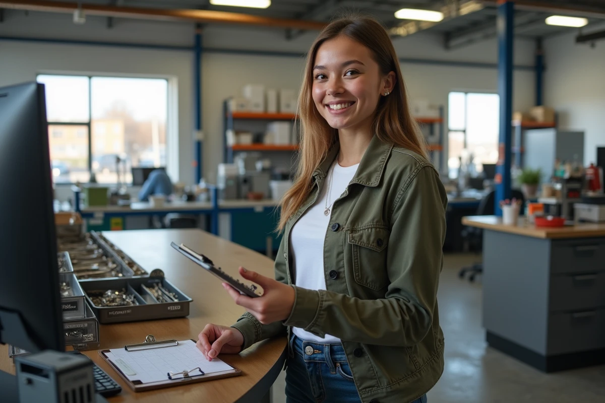 Jeune femme souriante discutant prix dans un centre de recyclage