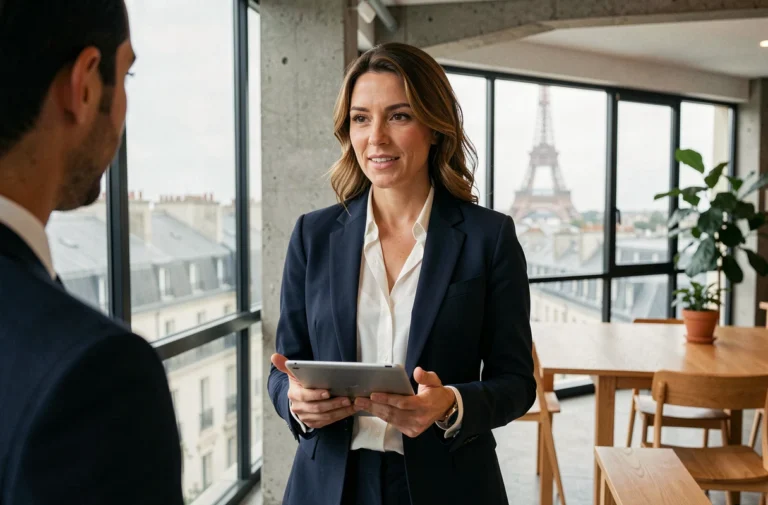 Femme d'affaires professionnelle dans un espace de coworking parisien moderne avec vue sur les toits de Paris