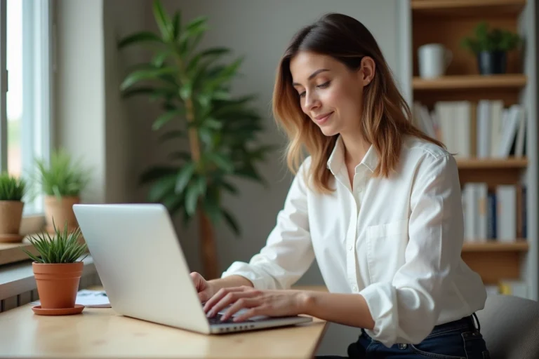 Femme utilisant son ordinateur pour la banque en ligne à domicile