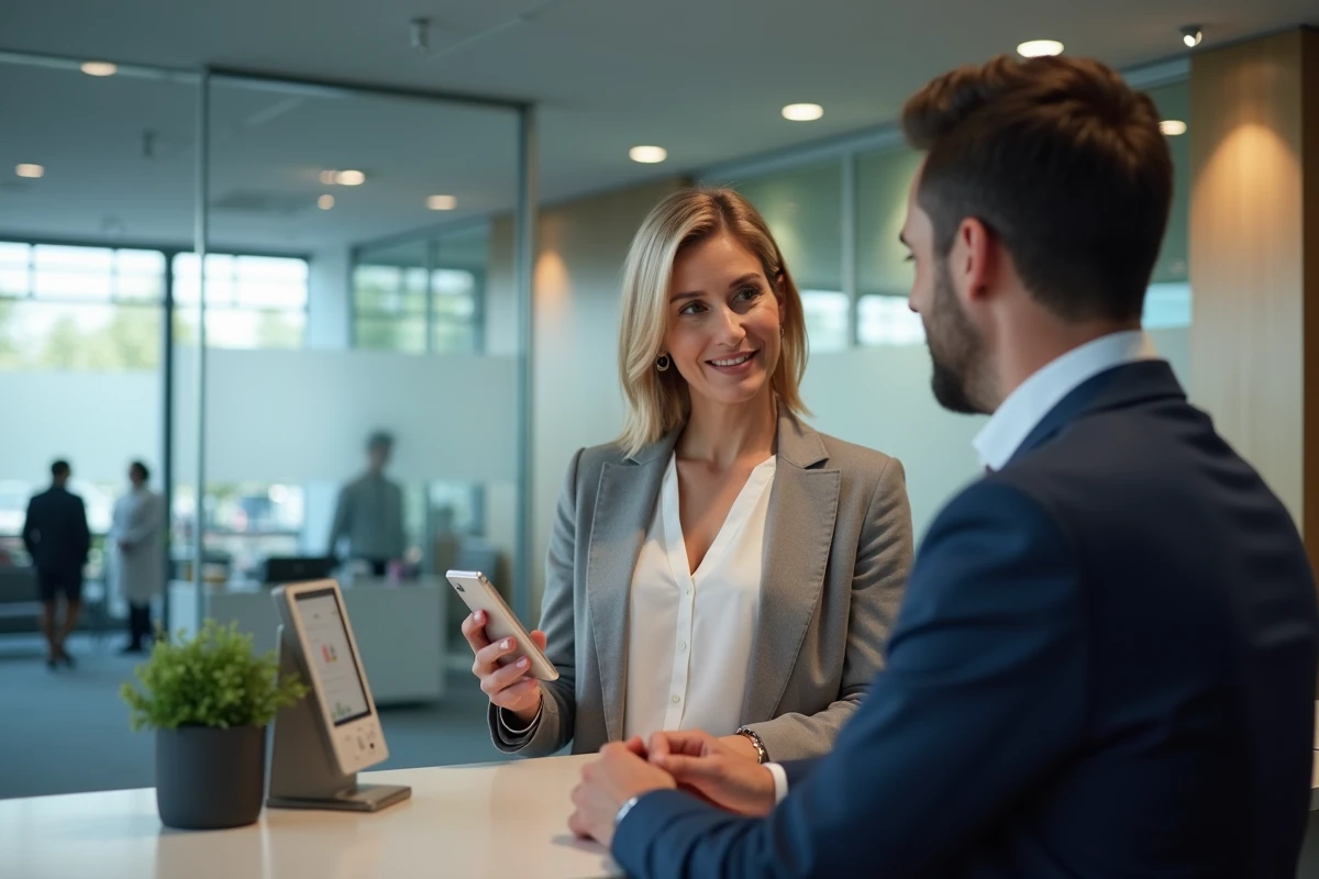 Femme au guichet bancaire montrant son smartphone