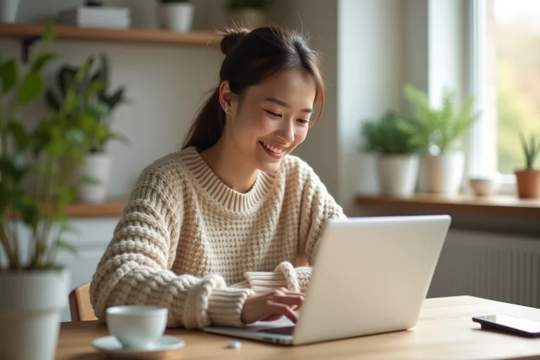 Jeune femme souriante dans un intérieur lumineux et moderne