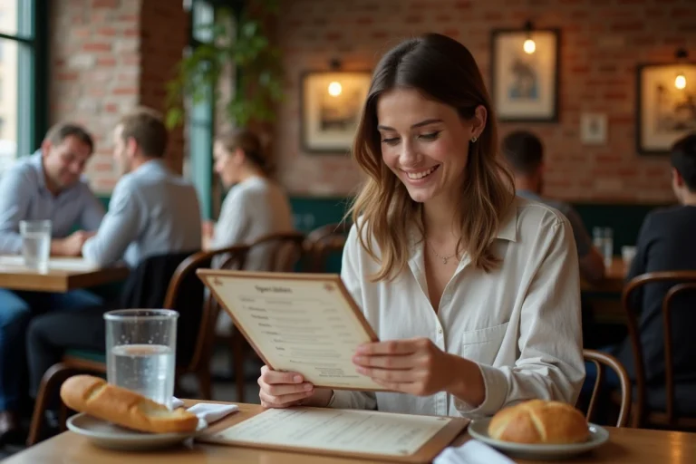 Femme souriante examinant un menu dans un bistro argenteuil