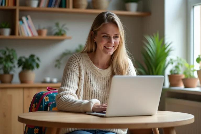 Femme utilisant le portail éducartable à la maison