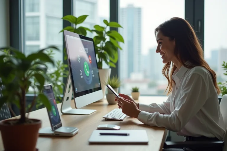 Femme au bureau avec plusieurs écrans de téléphone