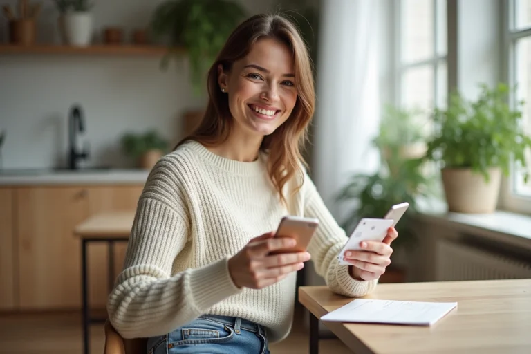Femme souriante avec carte Illicado et smartphone dans une maison